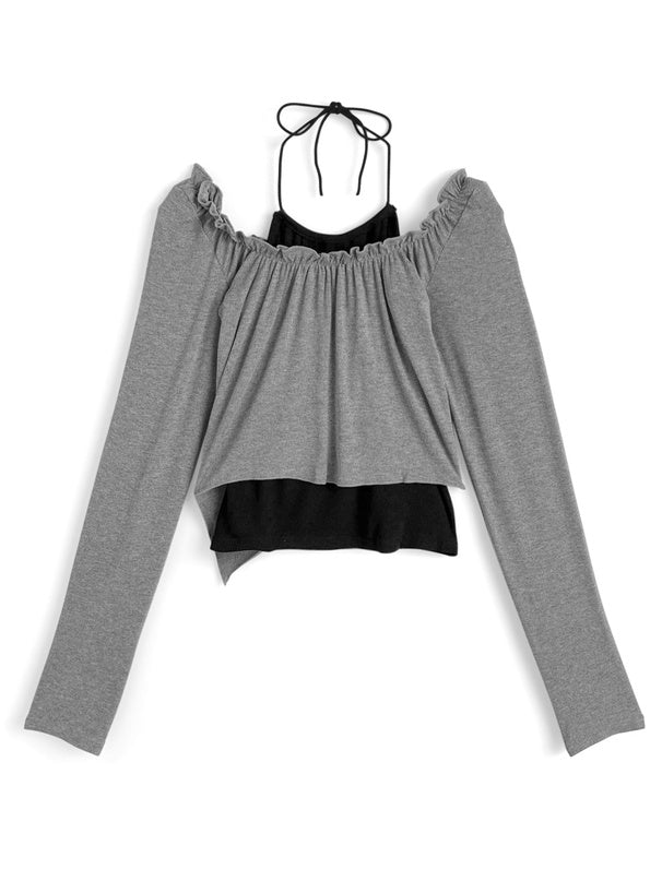 日本直送 [預購] 皺摺針織上衣➕掛頸背心 (灰 x 黑 グレー x ブラック)