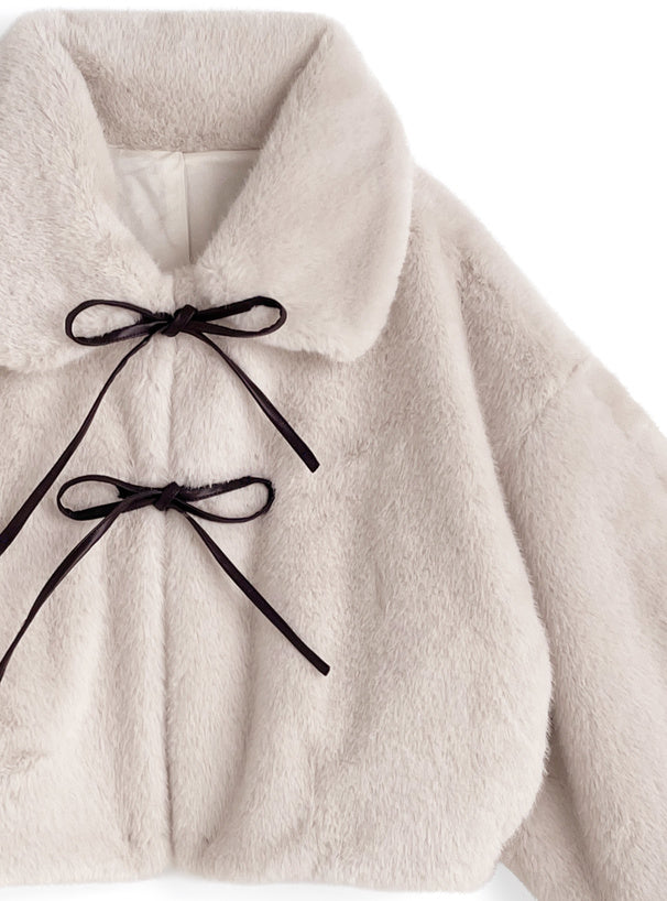 日本直送 [現貨/ 預購] 皮革蝴蝶結౨ৎ毛毛保暖外套 ◍ 3色入