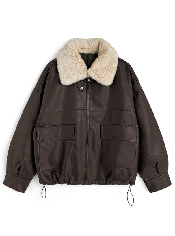 日本直送 [預購] 配可拆卸毛毛領口·女友風pu皮褸 ◍ 2色入