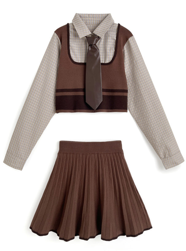 日本直送 [現貨/ 預購] 一套3件 ⇉ 扮2件背心拼接格仔恤衫➕可拆卸領呔➕針織百褶短裙 ◍ 2色入