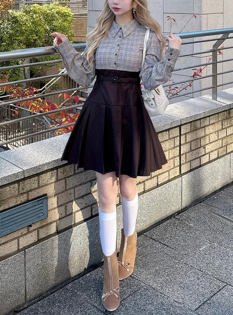 日本直送 [預購] 格仔恤拼接連身裙 (啡 ブラウン)