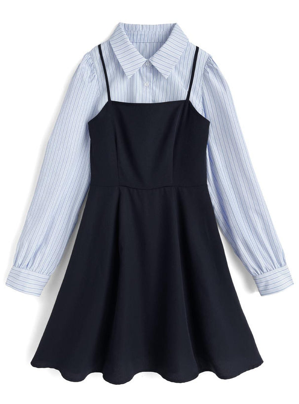 日本直送 [預購] 一套2件setup ⇉ 間條恤衫配౨ৎ蝴碟帶➕吊帶裙 (深藍 ネイビー)