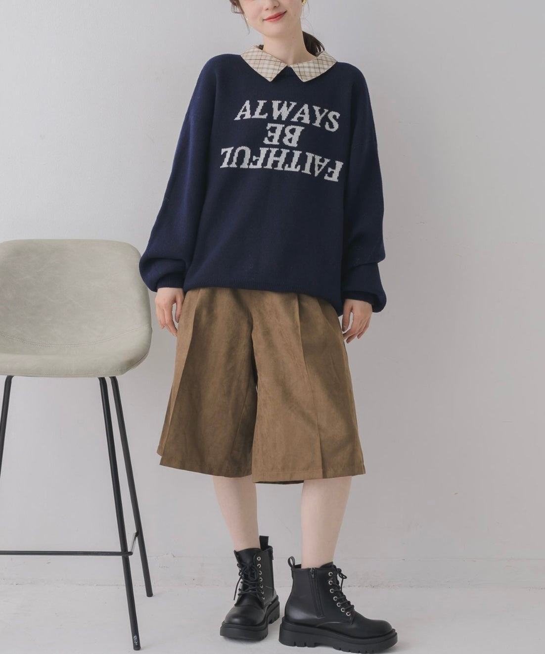 日本直送 [預購] 扮2件·格仔恤領拼針織毛衣 ◍ 3色入