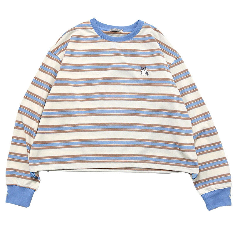 日本直送 [現貨] 貓仔刺繡·間條上衣 (藍 ブルー)