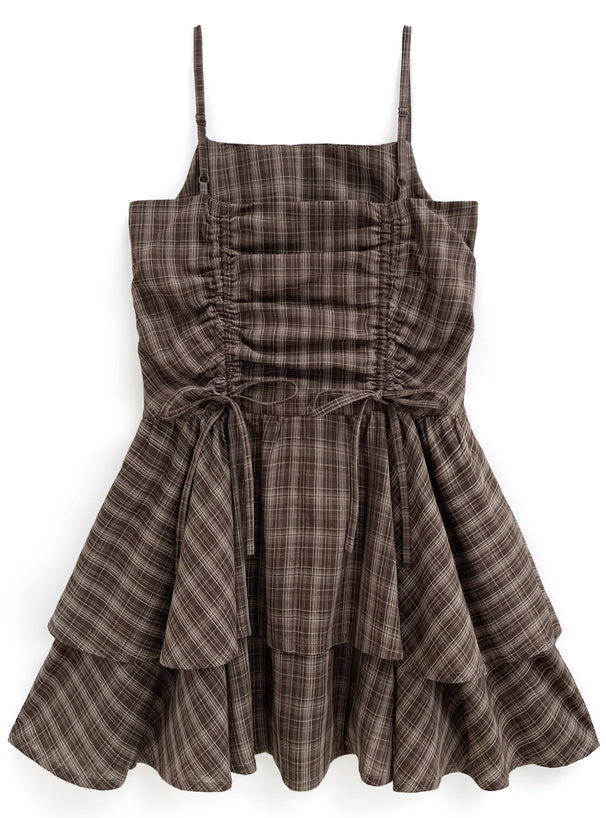 ℍ𝕠𝕥 𝕊𝕒𝕝𝕖 ℂ𝕠𝕞𝕖 𝔹𝕒𝕔𝕜 !! 日本直送 [預購] 格仔·前後抽繩蝴蝶౨ৎ 吊帶裙 (Brown)