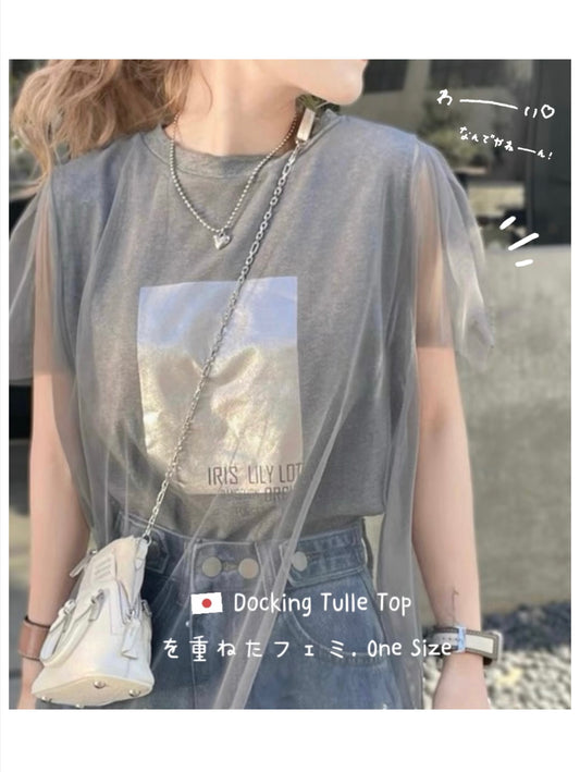 日本直送 [現貨] 扮2件·紗紗拼接棉料上衣 (灰 グレー)