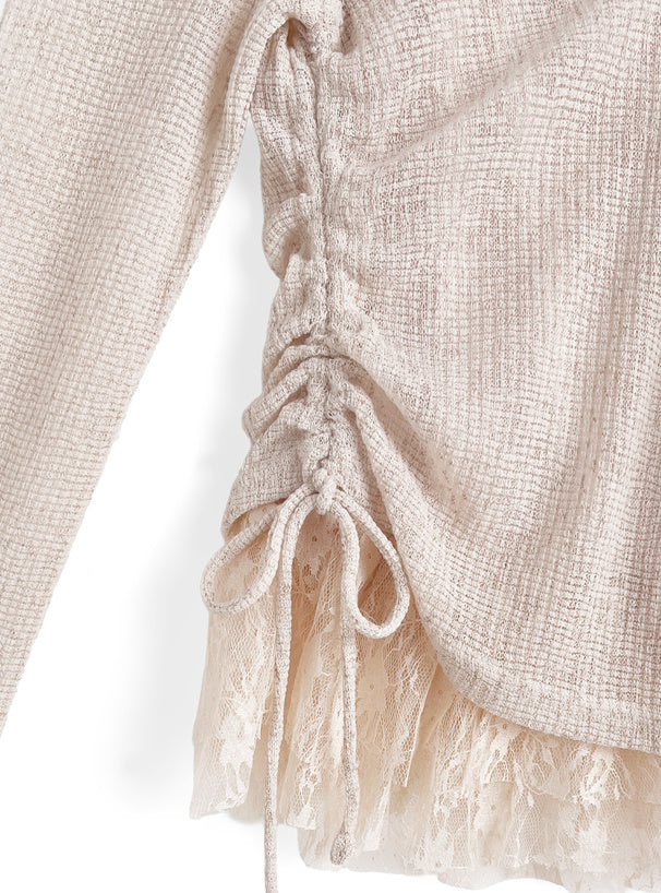 日本直送 [預購 - 日本4月上旬發貨] 一套2件setup ⇉ 側抽繩౨ৎ露肩針織上衣➕蕾絲背心 ◍ 4色入