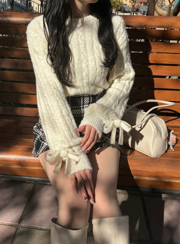 日本直送 [預購] 蝴蝶結౨ৎ袖口·直紋針織上衣 ◍ 4色入