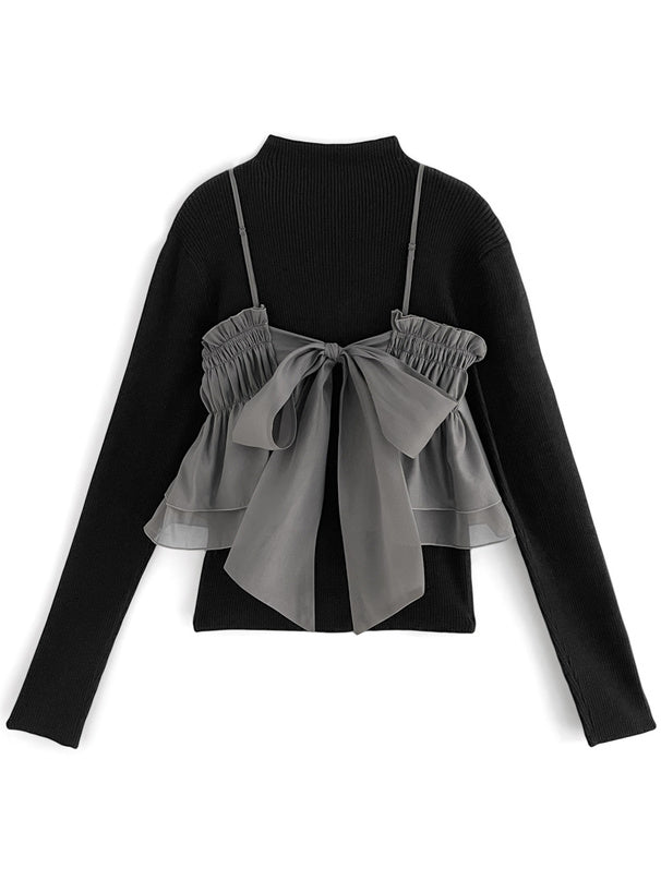日本直送 [預購] 一套2件setup ⇉ 後綁蝴蝶౨ৎ背心➕企領針織上衣 ◍ 3色入