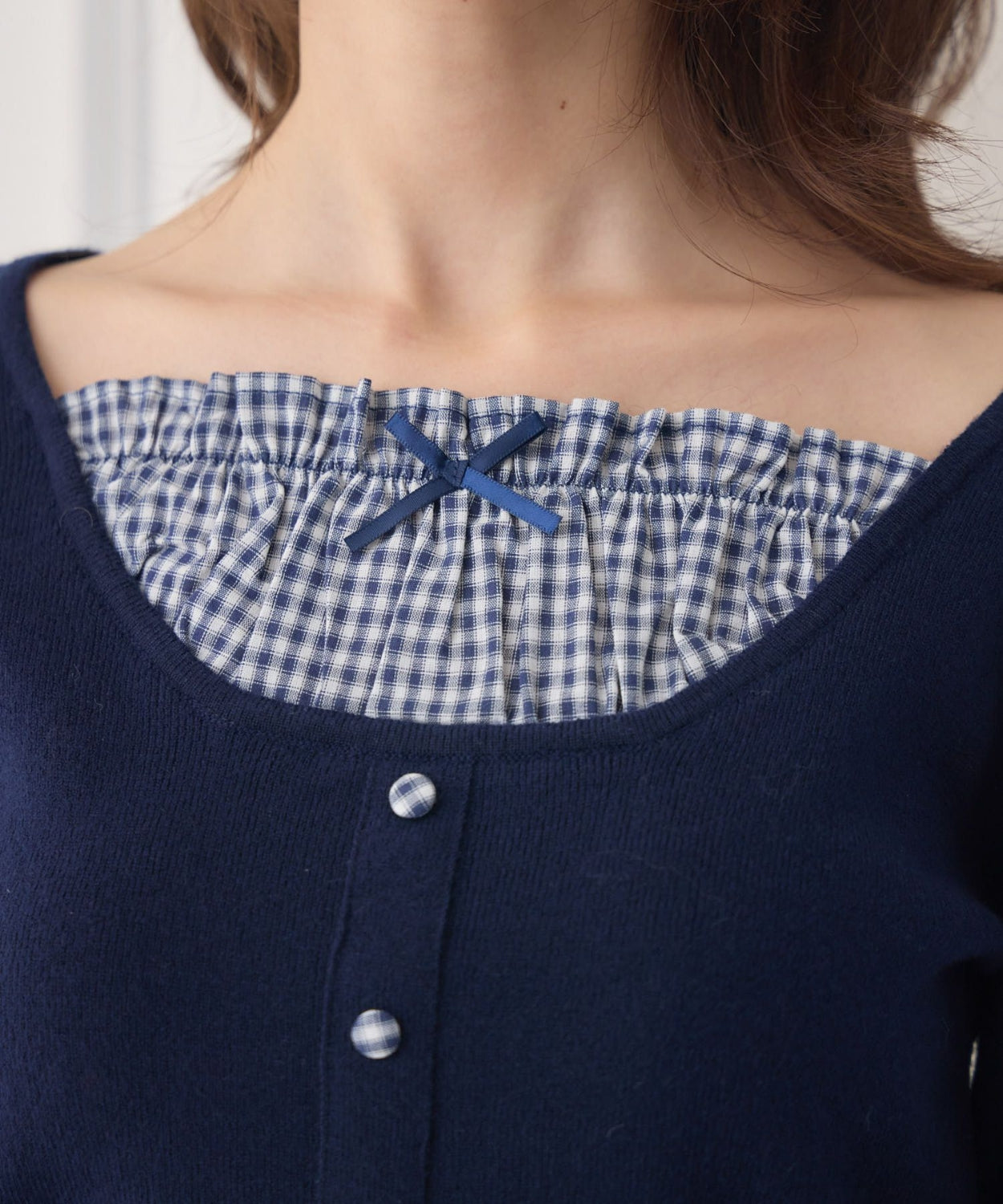 日本直送 [預購] 拼接格仔領口౨ৎ針織上衣 (ダークブルー 深藍)