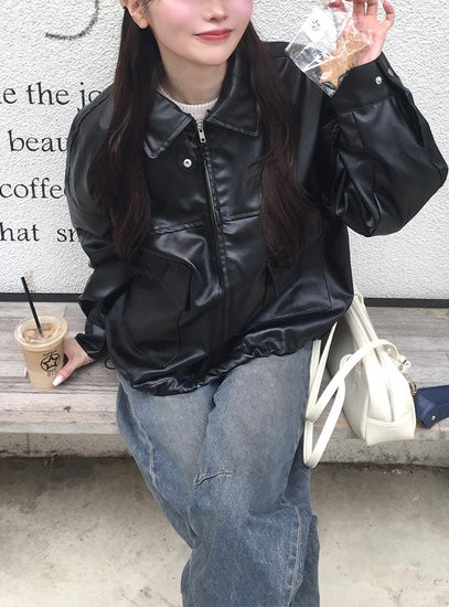 日本直送 [預購] 配可拆卸毛毛領口·女友風pu皮褸 ◍ 2色入