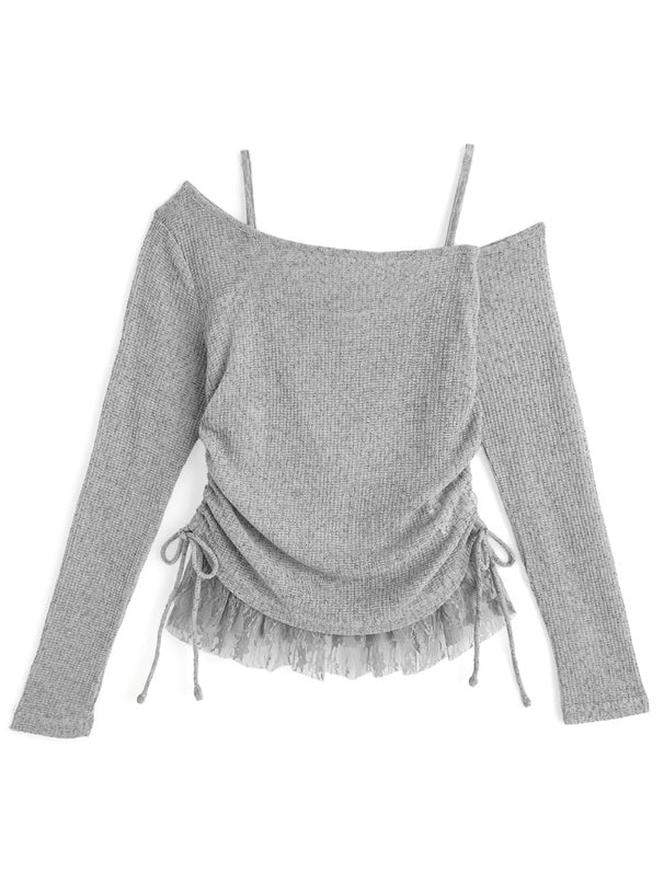 日本直送 [預購 - 日本4月上旬發貨] 一套2件setup ⇉ 側抽繩౨ৎ露肩針織上衣➕蕾絲背心 ◍ 4色入