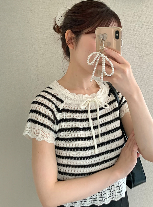 日本直送 [預購] 間條鏤空針織配蝴蝶౨ৎ 上衣
