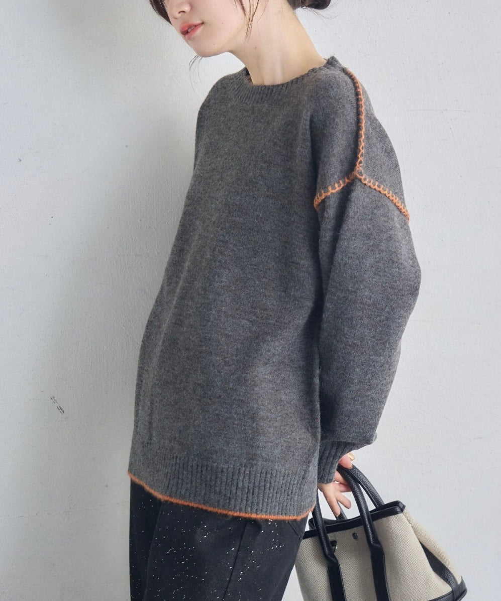 日本直送 [預購] 拼色刺繡🧶針織毛衣 (灰 チャコールグレー)