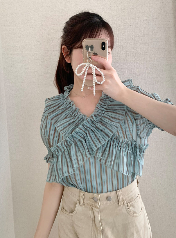日本直送 [預購] 薄荷朱古力間條·交叉皺褶上衣
