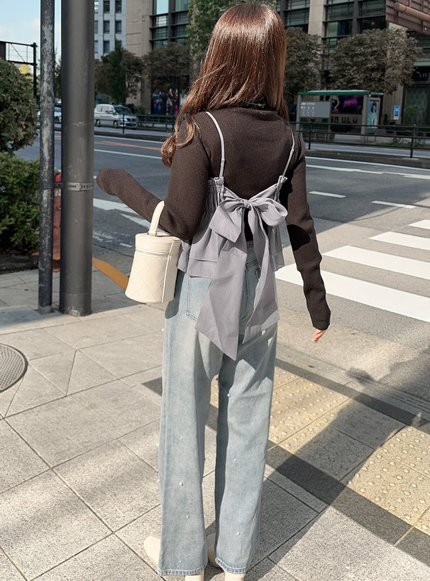 日本直送 [預購] 一套2件setup ⇉ 後綁蝴蝶౨ৎ背心➕企領針織上衣 ◍ 3色入