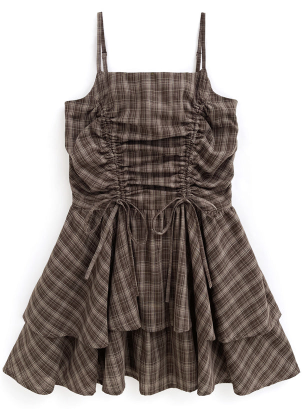 ℍ𝕠𝕥 𝕊𝕒𝕝𝕖 ℂ𝕠𝕞𝕖 𝔹𝕒𝕔𝕜 !! 日本直送 [預購] 格仔·前後抽繩蝴蝶౨ৎ 吊帶裙 (Brown)