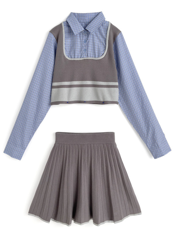 日本直送 [現貨/ 預購] 一套3件 ⇉ 扮2件背心拼接格仔恤衫➕可拆卸領呔➕針織百褶短裙 ◍ 2色入