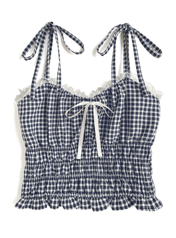日本直送 [預購] 蝴蝶領口౨ৎ 格仔lace邊背心仔 ◍ 4色入