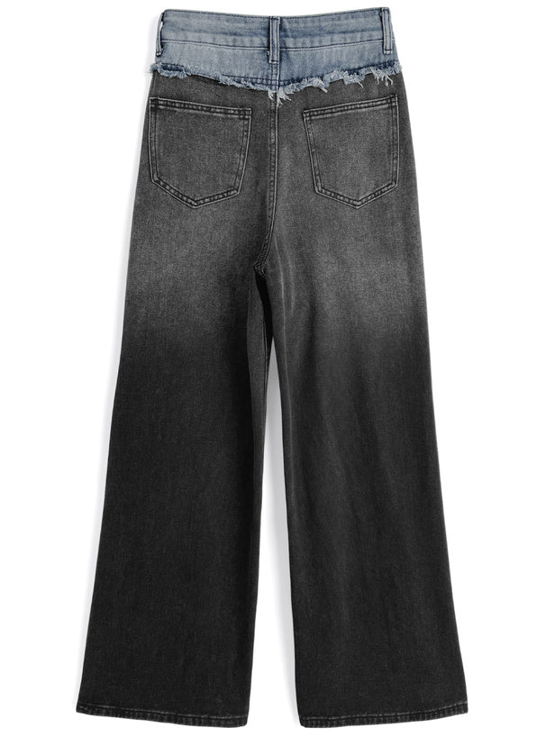 日本直送 [現貨] 拼色流蘇➕漸變色牛仔寬腳褲 (藍拼黑)