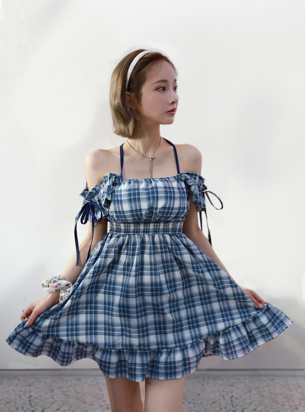 日本直送 [現貨/ 預購] 2種穿法·掛頸綁帶౨ৎ 格仔連身裙 (深藍 ネイビー)