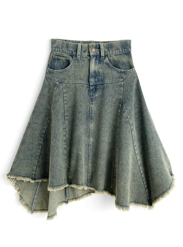 日本直送 [預購] 不規則·流穌邊·洗水色牛仔裙 (藍 ブルー)