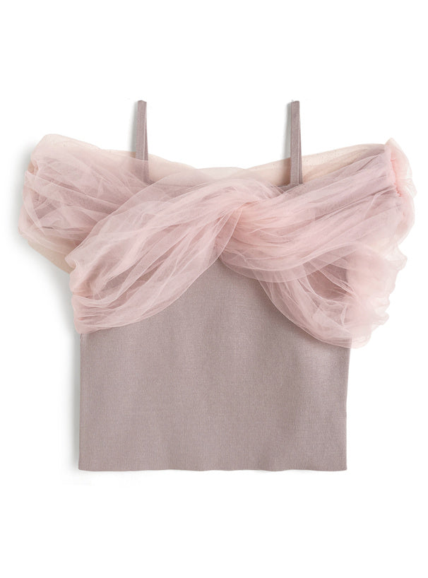 日本直送 [預購] 紗紗拼接針織·露肩上衣 ◍ 4色入