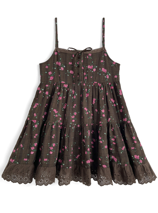 日本直送 [預購] Ruffle通花下擺౨ৎ碎花吊帶裙 (啡 ブラウン)