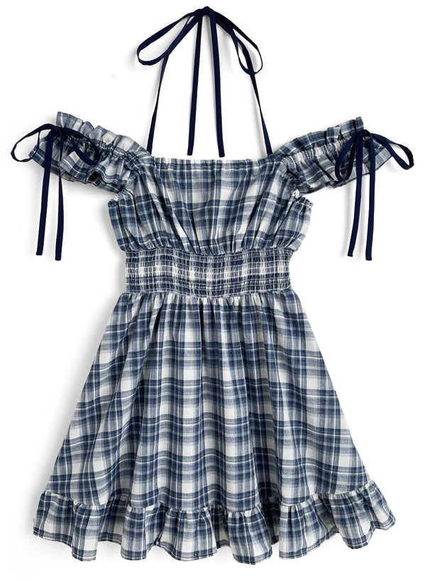 日本直送 [現貨/ 預購] 2種穿法·掛頸綁帶౨ৎ 格仔連身裙 (深藍 ネイビー)