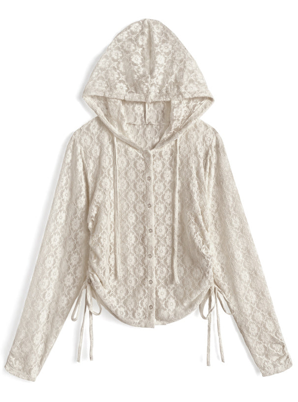 日本直送 [預購] 側抽繩౨ৎ帶帽花花蕾絲外套 ◍ 2色入