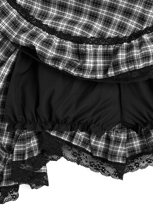 日本直送 [預購] 不規則蕾絲下擺·格仔短裙 (黑 ブラック)