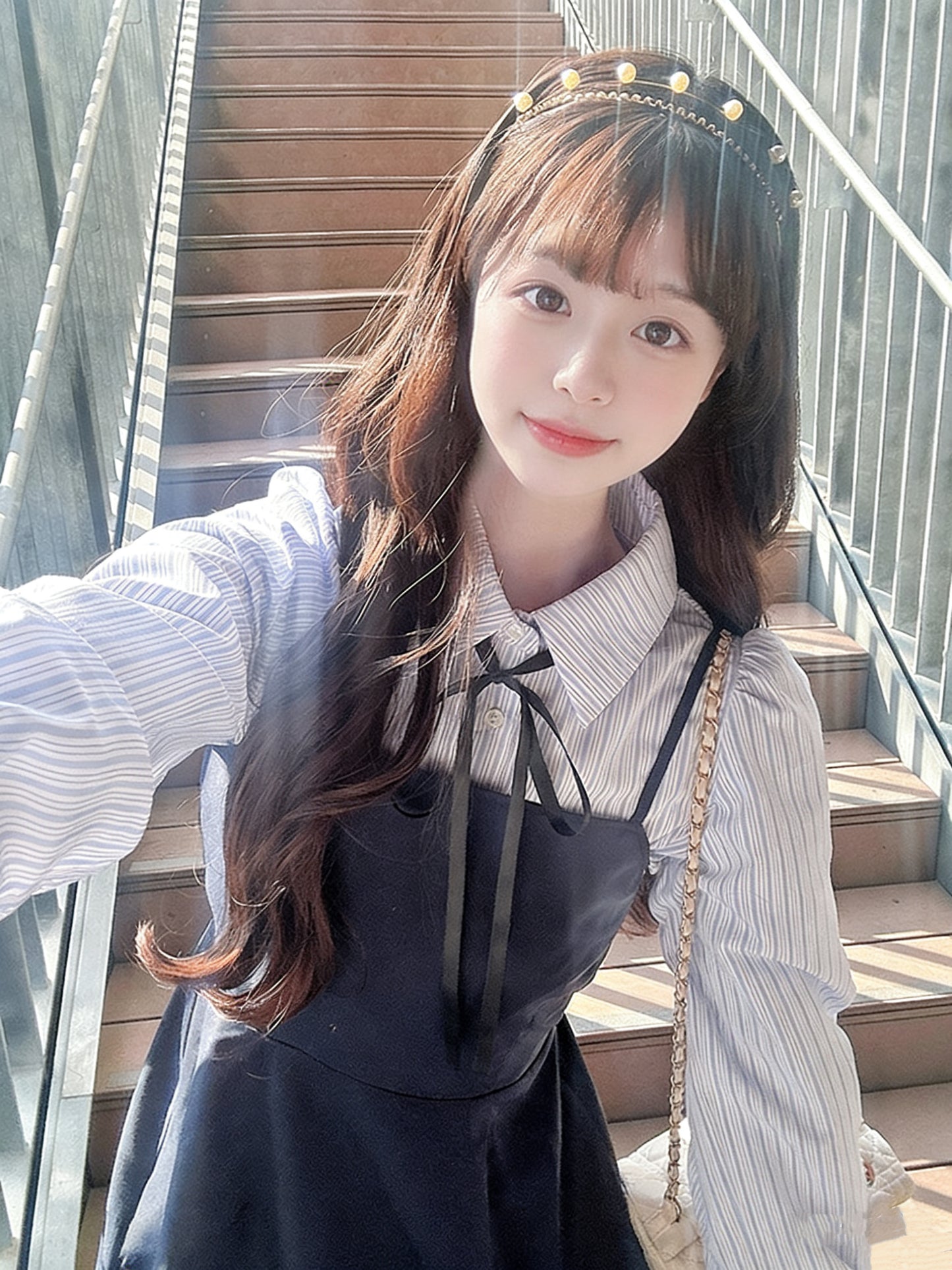 日本直送 [預購] 一套2件setup ⇉ 間條恤衫配౨ৎ蝴碟帶➕吊帶裙 (深藍 ネイビー)