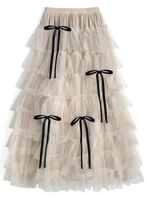 日本直送 [預購] 蝴蝶結౨ৎ紗紗蛋糕長裙 (米白 アイボリー)