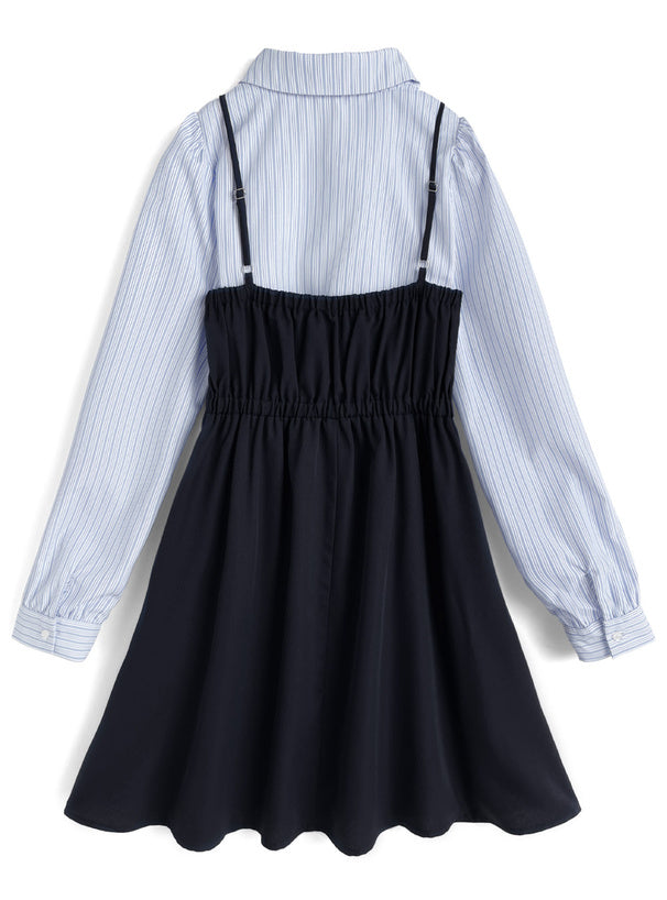 日本直送 [預購] 一套2件setup ⇉ 間條恤衫配౨ৎ蝴碟帶➕吊帶裙 (深藍 ネイビー)