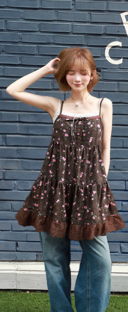 日本直送 [預購] Ruffle通花下擺౨ৎ碎花吊帶裙 (啡 ブラウン)