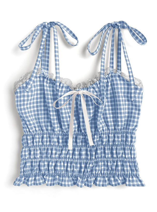 日本直送 [預購] 蝴蝶領口౨ৎ 格仔lace邊背心仔 ◍ 4色入