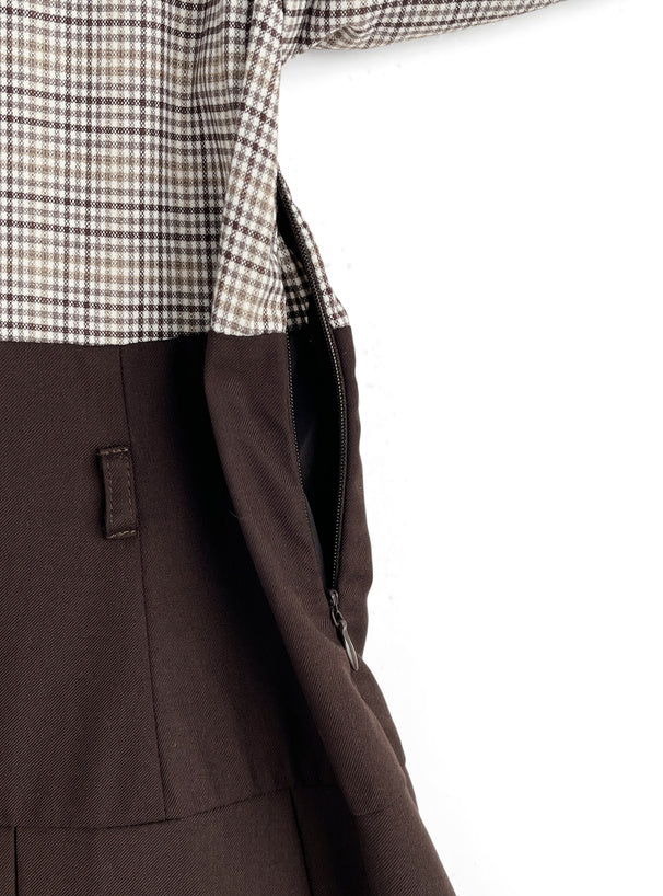 日本直送 [預購] 格仔恤拼接連身裙 (啡 ブラウン)