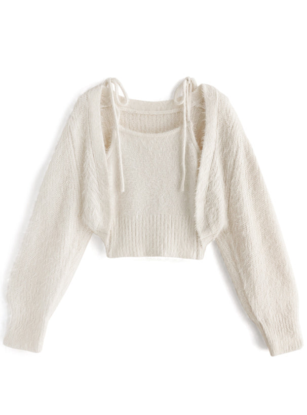 日本直送 [預購] 一套2件setup ⇉ 柔軟針織外套➕蝴蝶౨ৎ肩帶背心 ◍ 4 色入