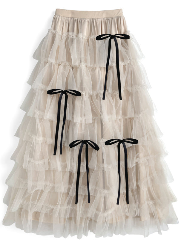 日本直送 [預購] 蝴蝶結౨ৎ紗紗蛋糕長裙 (米白 アイボリー)