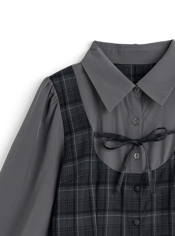 日本直送 [預購] 一套2件setup ⇉ 格仔拼接恤衫➕蛋糕短裙