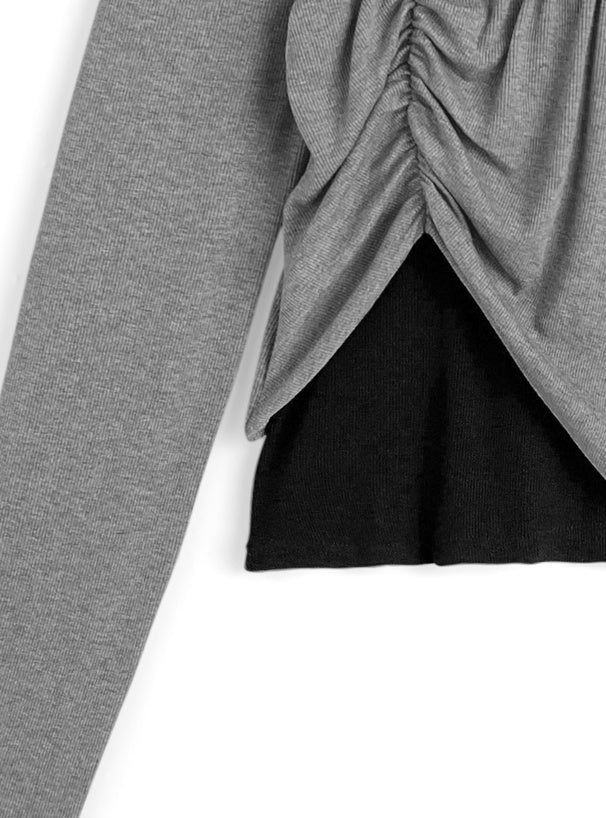 日本直送 [預購] 皺摺針織上衣➕掛頸背心 (灰 x 黑 グレー x ブラック)