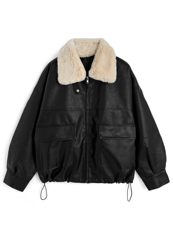 日本直送 [預購] 配可拆卸毛毛領口·女友風pu皮褸 ◍ 2色入