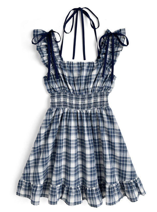 日本直送 [現貨/ 預購] 2種穿法·掛頸綁帶౨ৎ 格仔連身裙 (深藍 ネイビー)