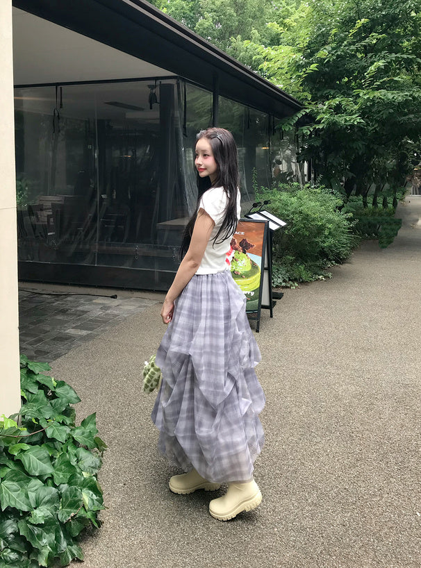 日本直送 [預購] 下擺氣泡·格仔薄紗長裙 ◍ 2色入