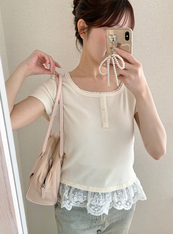 日本直送 [預購] 拼接下擺Ruffle花邊Lace上衣 ◍ 3色入