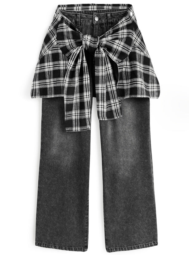 日本直送 [預購] 格仔恤布·拼接牛仔褲 (黑色 ブラック)