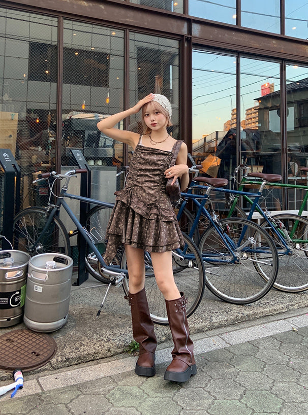 日本直送 [預購] 碎花拼接蕾絲·Ruffle吊帶裙 ◍ 3色入