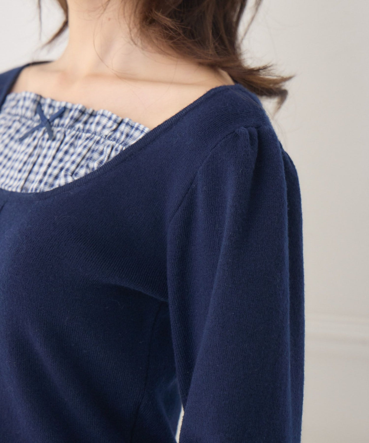 日本直送 [預購] 拼接格仔領口౨ৎ針織上衣 (ダークブルー 深藍)