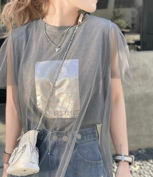 日本直送 [現貨] 扮2件·紗紗拼接棉料上衣 (灰 グレー)