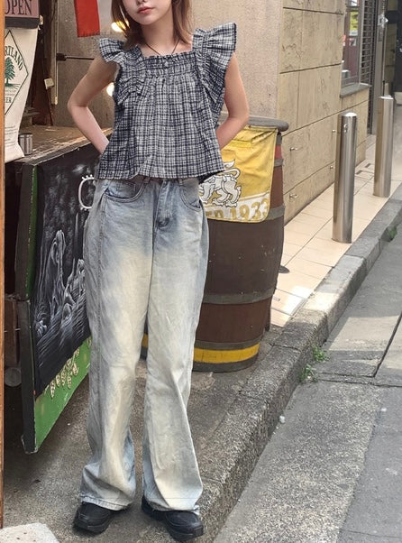 日本直送 [預購] 格仔·荷葉邊肩帶上衣 ◍ 2色入